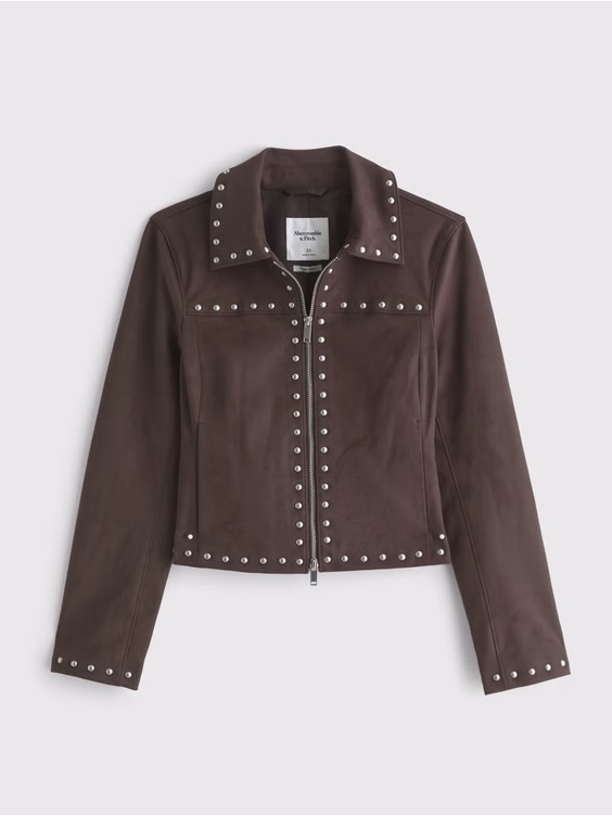 Chocolate Brown Studded Leather Jacket And 90s Relaxed High Rise Suede Pant